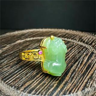 zl0275和田玉碧玉小貔貅s925银镀金戒指